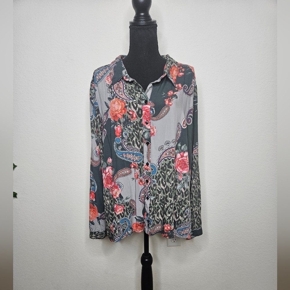 Tolani Collection 100% Modal Floral Paisley Leopard Print Button Front Blouse